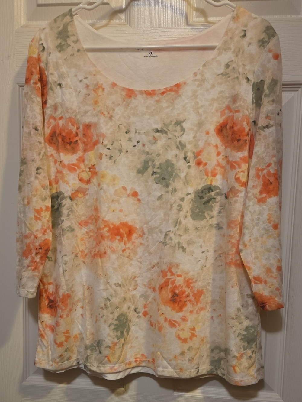 croft & barrow Cream Floral Scoop Neck Top with Orange and Green Accents